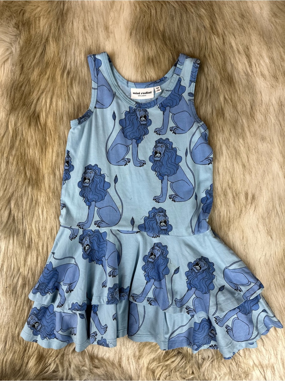Mini Rodini Organic Blue Lion Print Ruffle Dress Size 104/110